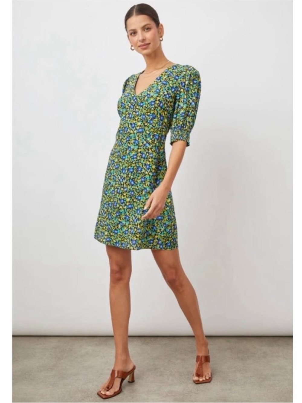 Rails Roma Dress Abstract Garden Print Green Blue Short Sleeve Size Small - Picture 2 of 10